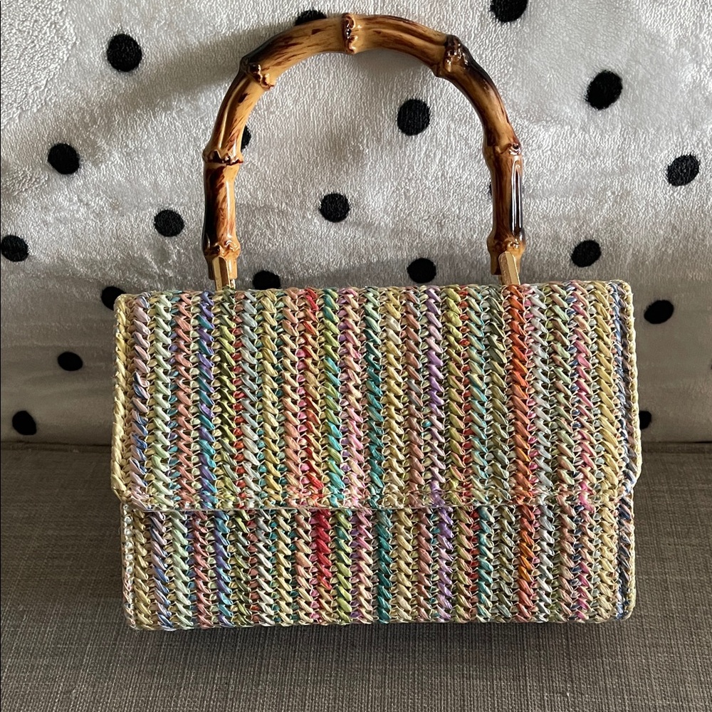 Woven Multicolor Straw Top-Handle Bag with Bamboo Handle